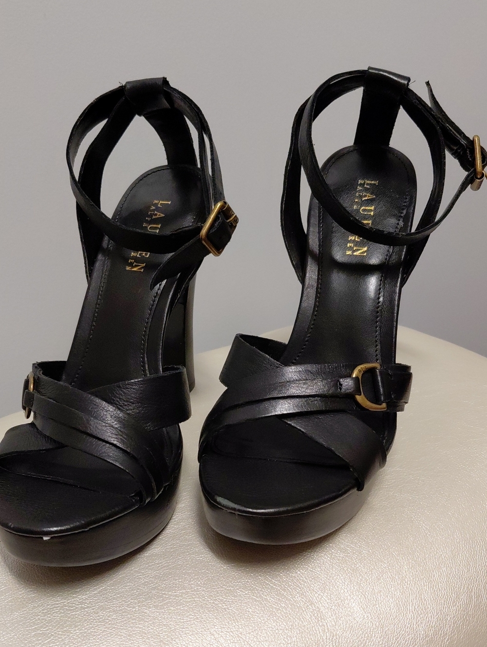Lauren Ralph Lauren Black Leather Strappy Platform Heels with Gold Buckles
